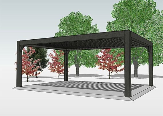 3D rendering of the Caygeon black pergola design surrounded by trees, showcasing its sturdy structure